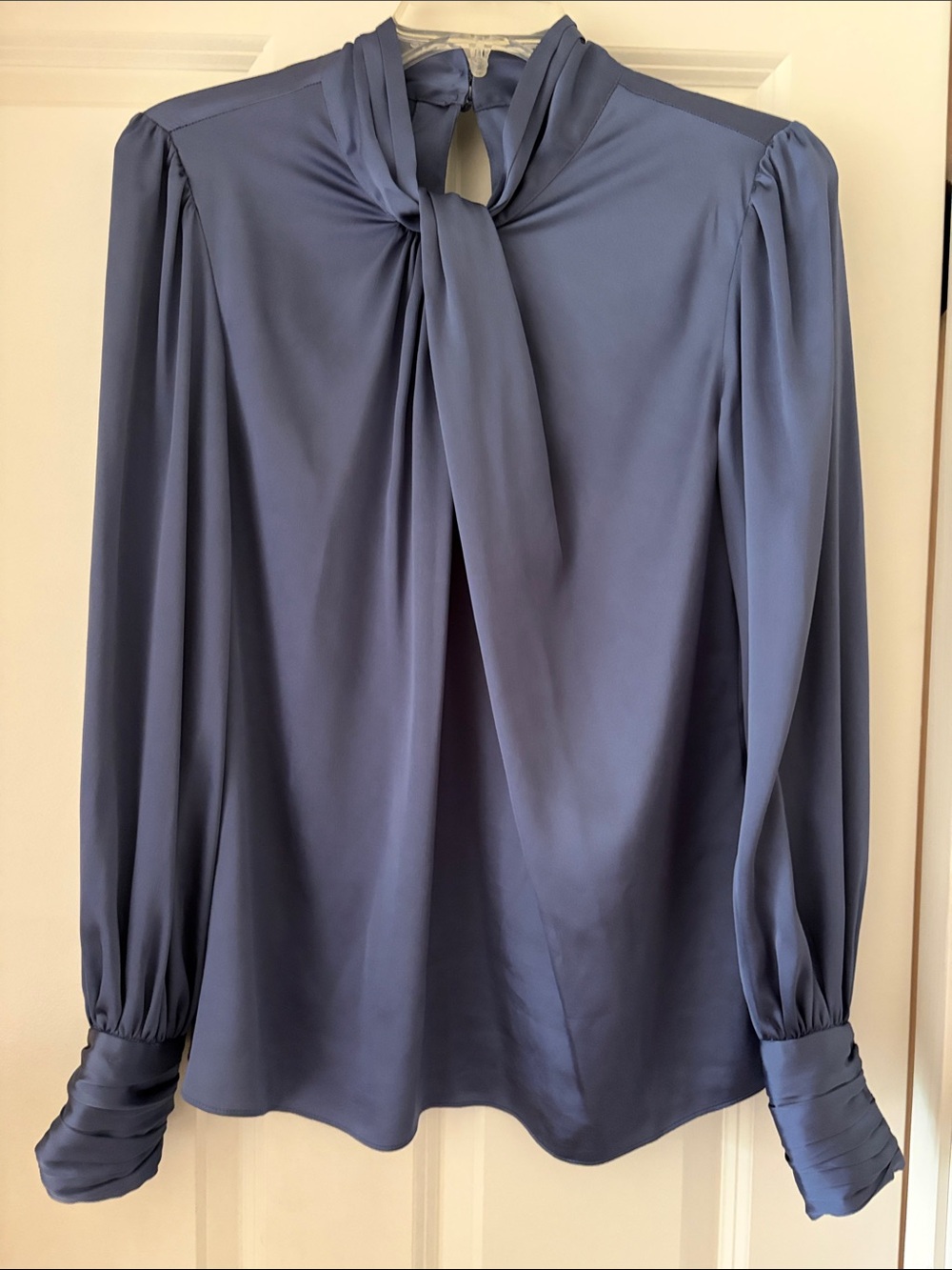 White House Black Market Dusty Blue Tie-Neck Blouse